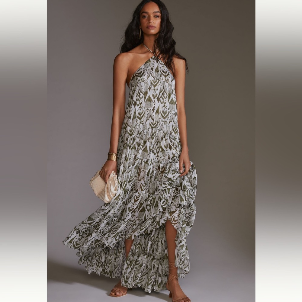 Anthropologie Misa olive green and white halter dress size XL